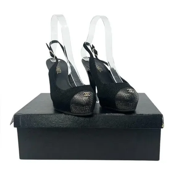 Chanel Tweed Slingback Cap Toe CC Logo Pumps Black Size 38 - Picture 1 of 12
